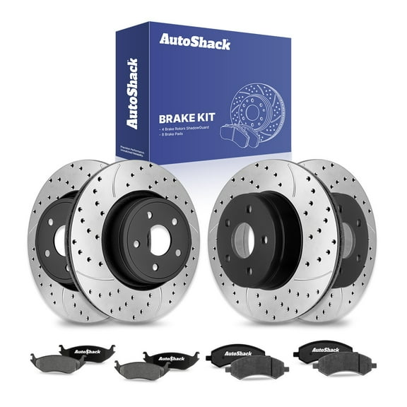 AutoShack Front & Rear Drilled & Slotted Brake Rotors Ceramic Brake Pads | Replacement for Chrysler Aspen 2006-2018 Ram 1500 2007-2009 Dodge Durango V8 | E-Coated | 12-PC Brake Kit | ShadowGuard
