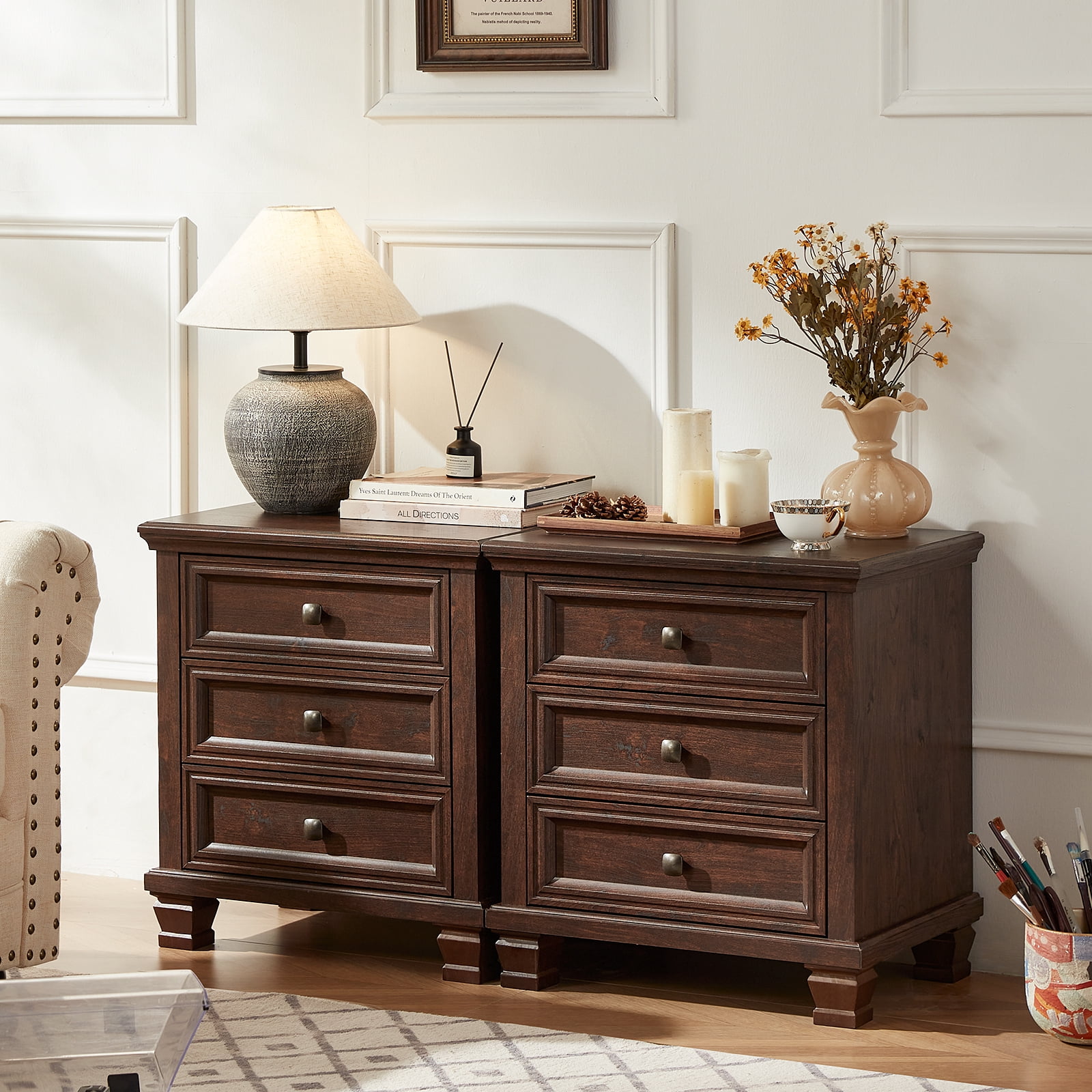 Buildhom Farmhouse 3-Drawer Nightstand with Solid Wood Legs, Rustic End Table for Bedroom & Living Room, Walnut