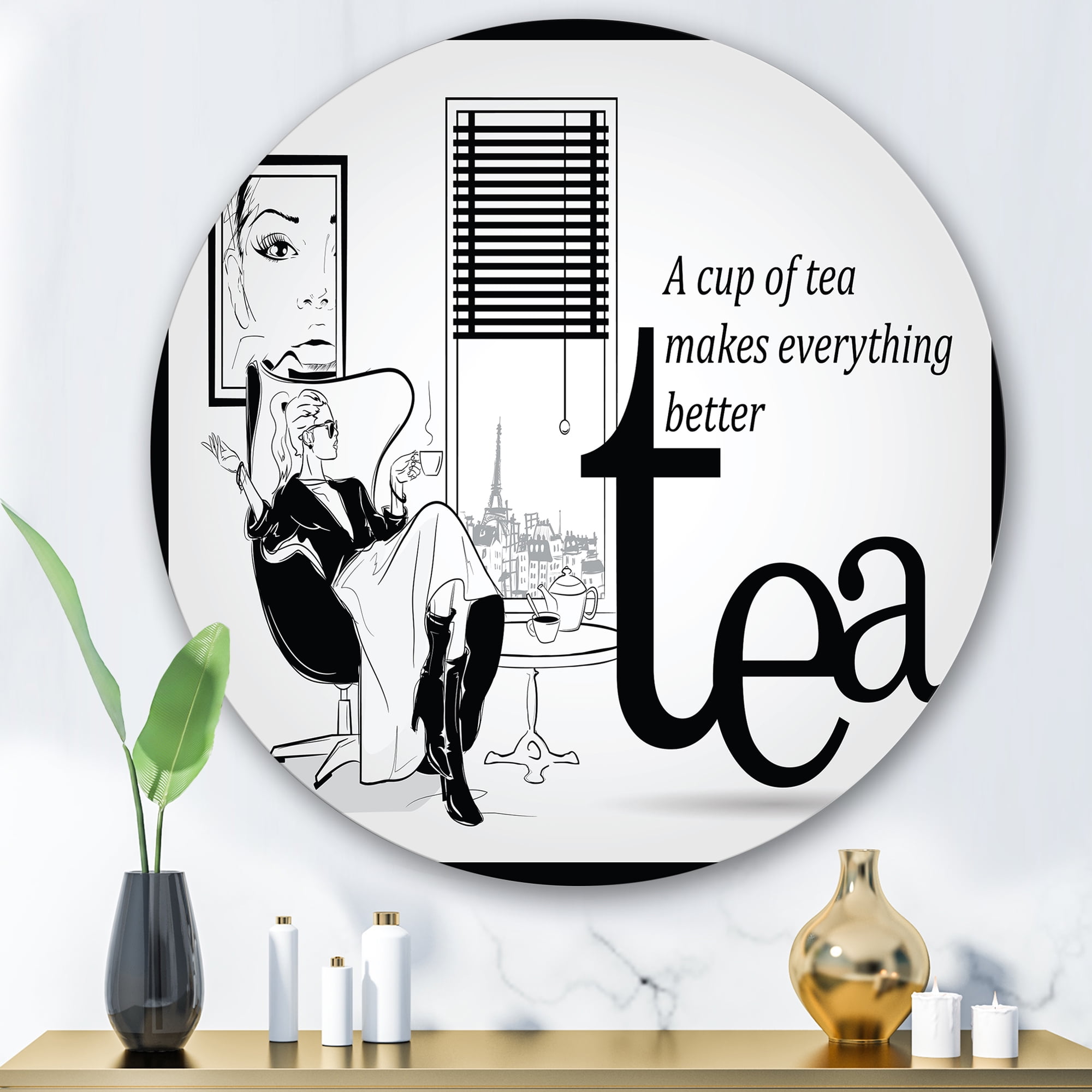 Designart 'Ancient Fashion Girl Drinking A Cup Of Tea' Vintage Circle Metal Wall Art 36x36 - Disc of 36