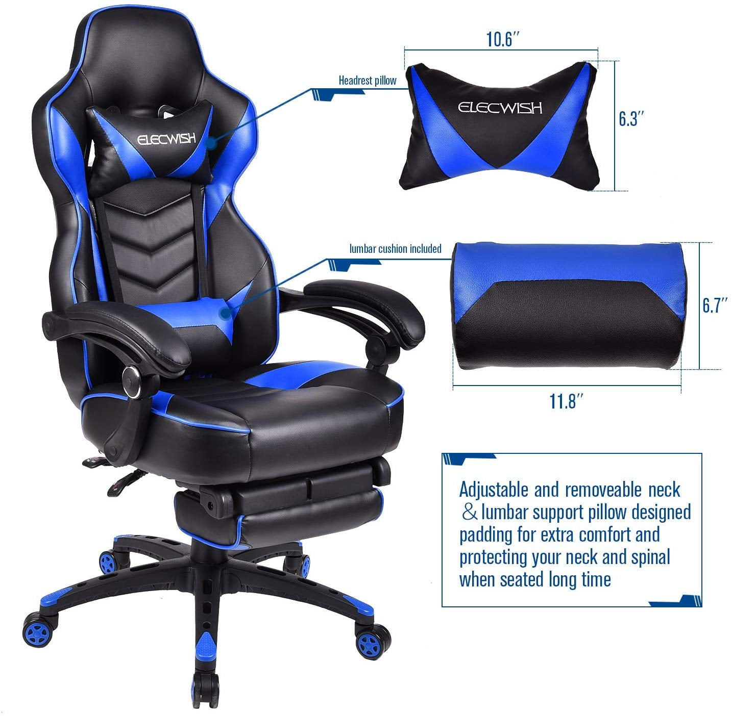 Bule High Back PU Leather Swivel Gaming Chair with Adjustable Lumbar Support Headrest Footrest Video Game Chair Racing Office Chair 