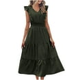 thumbnail image 2 of EGNMCR Robes de Vacances pour Femmes Mode Printemps, Été et Décontracté Col en V Manches Courtes Robe Unie, 2 of 8