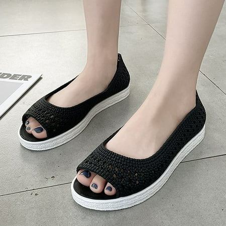 

VKEKIEO Peep Toe Wedge Sandals For Women Flat Heel Platform Black