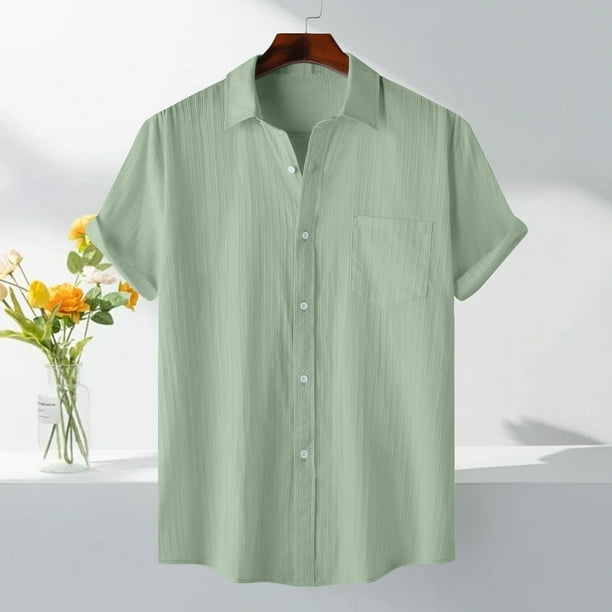pstuiky Camisa de manga corta para hombre, Camisa informal de manga corta con cuello vuelto y cuello redondo de color liso para hombre camisas casuales para hombre xl