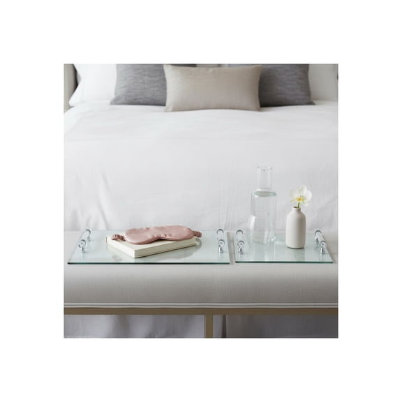 House Decor Trays for Bed or Coffee Table - Modern Rectangular Glass Trays Perfect for Centerpiece Decorations - Sparkly Home Accents for Trinket, Jewelry, or Vanity - Set of 2, 16", 12" Silver