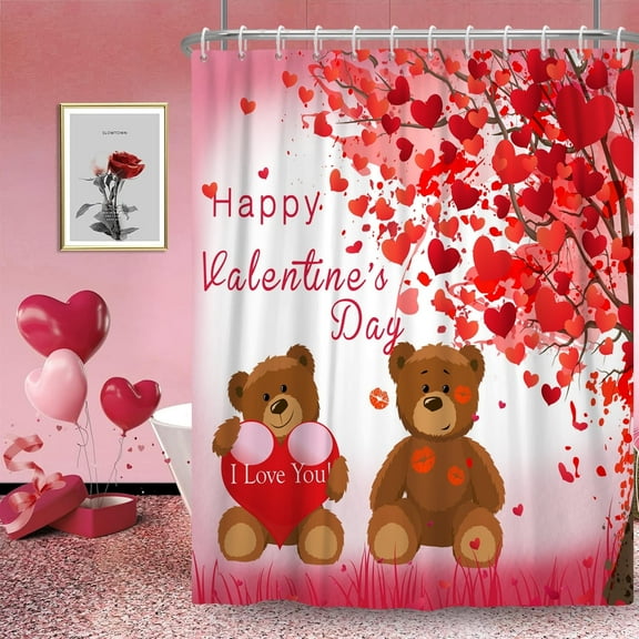 Mizhona Valentine's Day Shower Curtain Heart and Bears Bathroom Curtains Waterproof Romantic Decor with Hooks 72"x78"