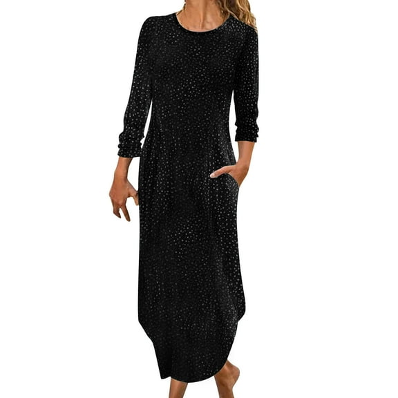 Women's Fall Casual Long Sleeve Dress Elegant Polka Dots Crewneck Maxi Long Tshirt Dresses with Pockets