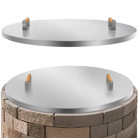 TECANA 34 inch Fire Pit Lid, Round Stainless Steel Cover with Wood Handles