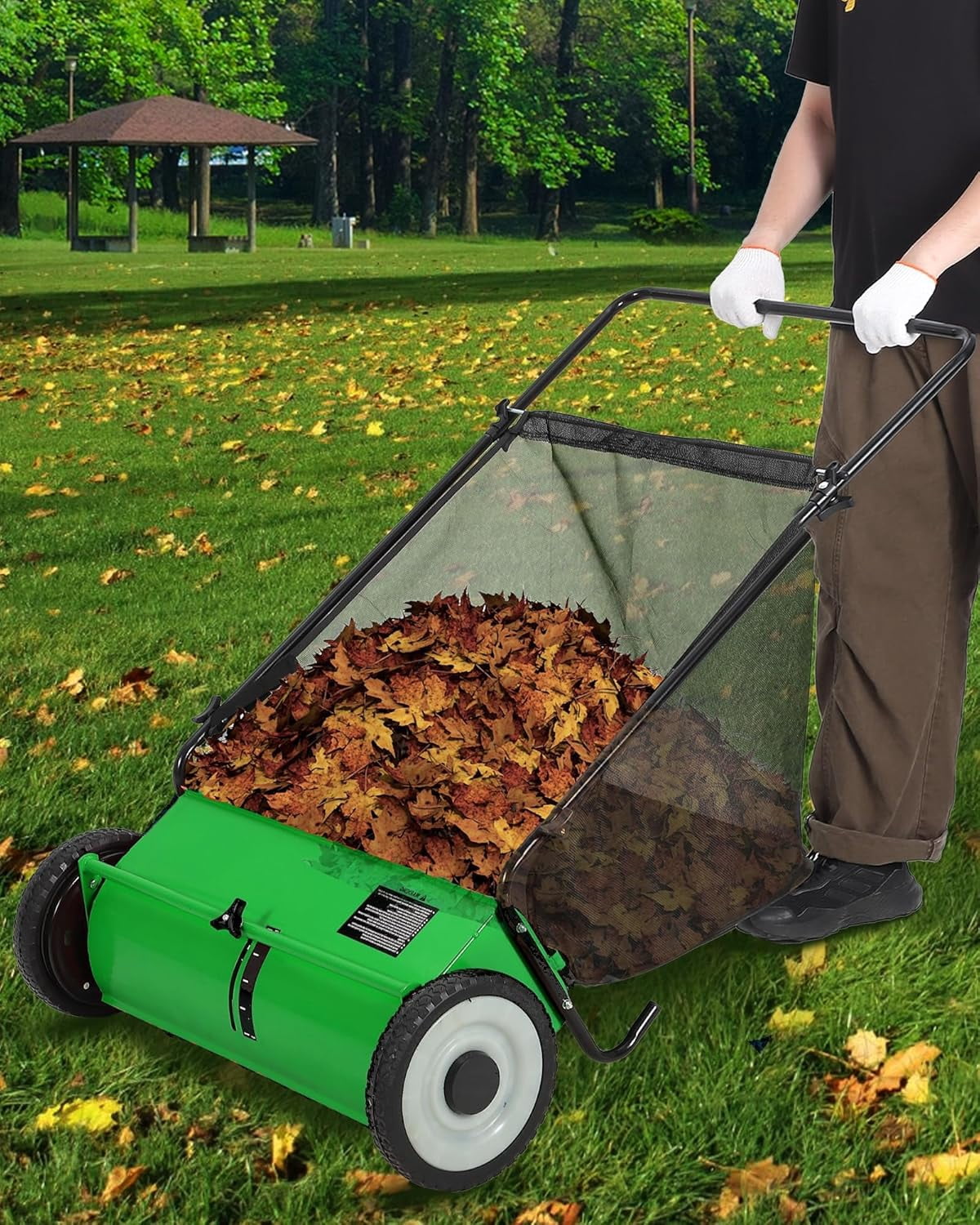 Light Green 26-Inch Push Lawn Sweeper, 7 Cu. Ft. Hopper Capacity Leaf & Grass Collector with 4 Spinning Brushes, Adjustable Height, for Grass Clippings, Leaves & Debris