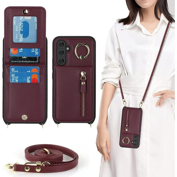 Samsung Galaxy A54 5G Phone Case for Women with Card Holder,Samsung A54 Case Wallet Crossbody Lanyard with Strap,Credit Card Slots Kickstand Case with Ring Holder,6.4 Inch,Burgundy