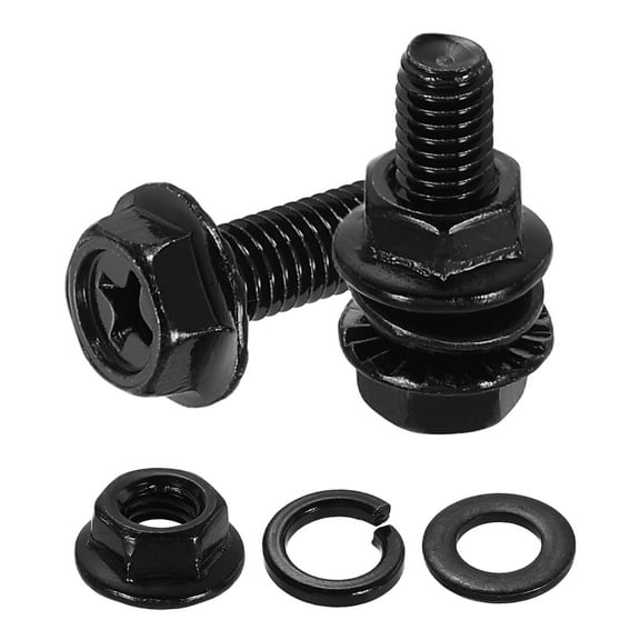 M5 x 16mm 10Pcs Phillips Flanged Hex Bolts with Nuts, Flat & Lock Washers, Black