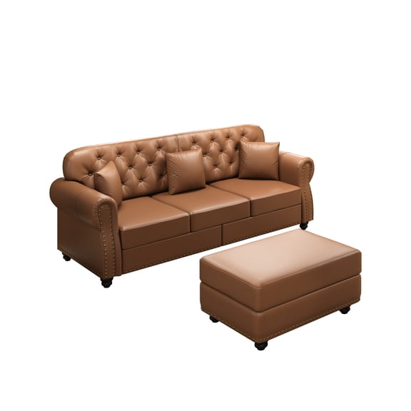 82.6"Upholstered Faux Leather Sofa with Nailhead Trim and Rolled Armrests,Mid-Century Modern Chesterfield Sofa with Button Tufted,Includes 3 Pillows,Brown