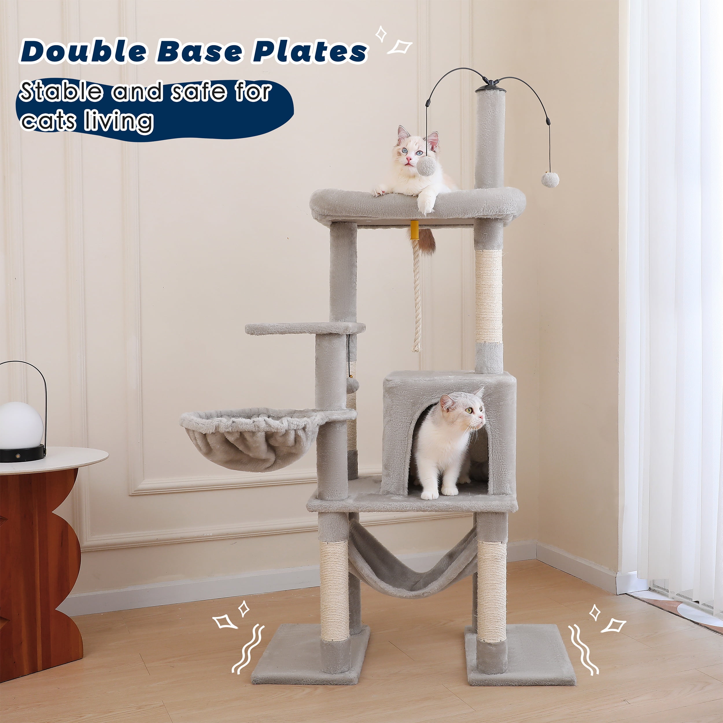 Vibrant Life 58.5 Inch Multi-Level Cat Tree Tower with Dangling Ball and Double Base, Light Gray