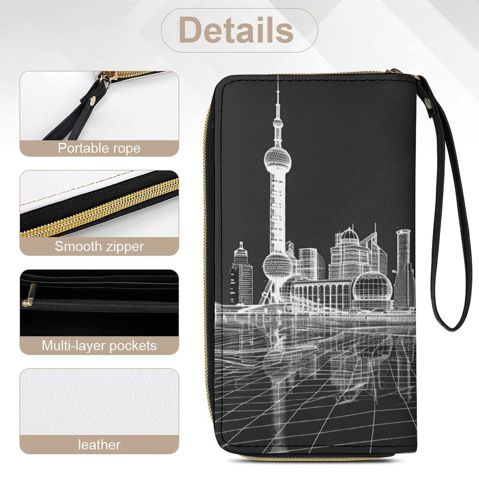 Womens Wallet Bifold Ladies Cluth Bag Wristlet Wrist Strap Long Purse SHANGHAI Hologram Design