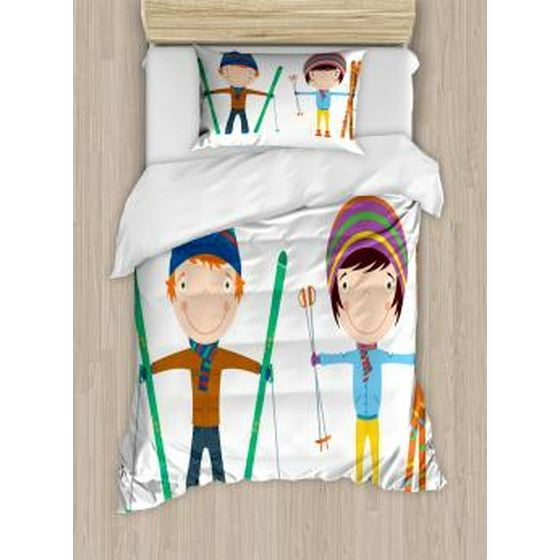 Kids Sports Twin Size Duvet Cover Set Funny Siblings Girl And Boy Kids Sports Twin Size Duvet Cover Set Funny Siblings Girl And Boy With Skis Winter Fun Hobby Activity Children Print Decorative 2 Piece Bedding 1