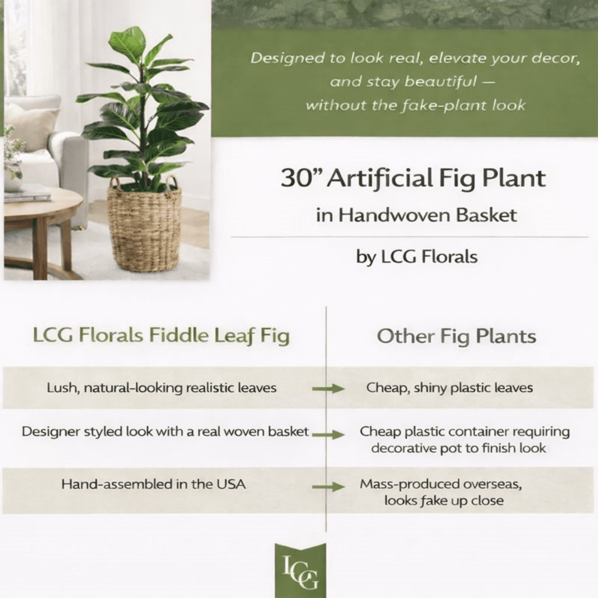 Artificial Plant, 2.5 ft Artificial Fig Plant in Handwoven Basket by LCG Florals, Faux Designer Fake Indoor Plant for Living Room, Office, and Home Décor