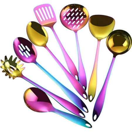 

8 Piece Stainless Steel Kitchen Utensil Set Rainbow Nonstick Cooking Utenisls Titanium Plated Kitchen Tools Gadgets Slotted Spatula Spoon Turner Ladle Dishwasher Safe