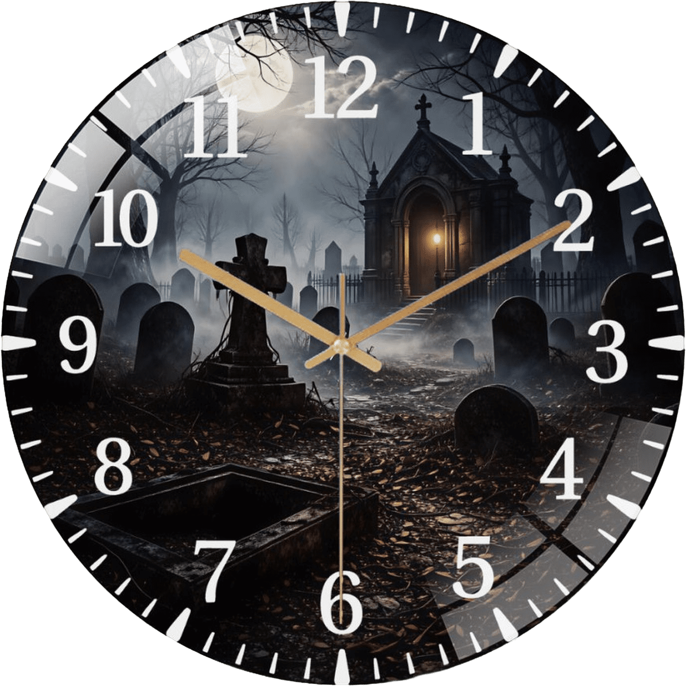 12 Inch Creepy Graveyard Gothic Cemetery Night Decor Glass Wall Clock for Wall Decor , Office Room, Living Room Style 12×12inch(30×30cm)