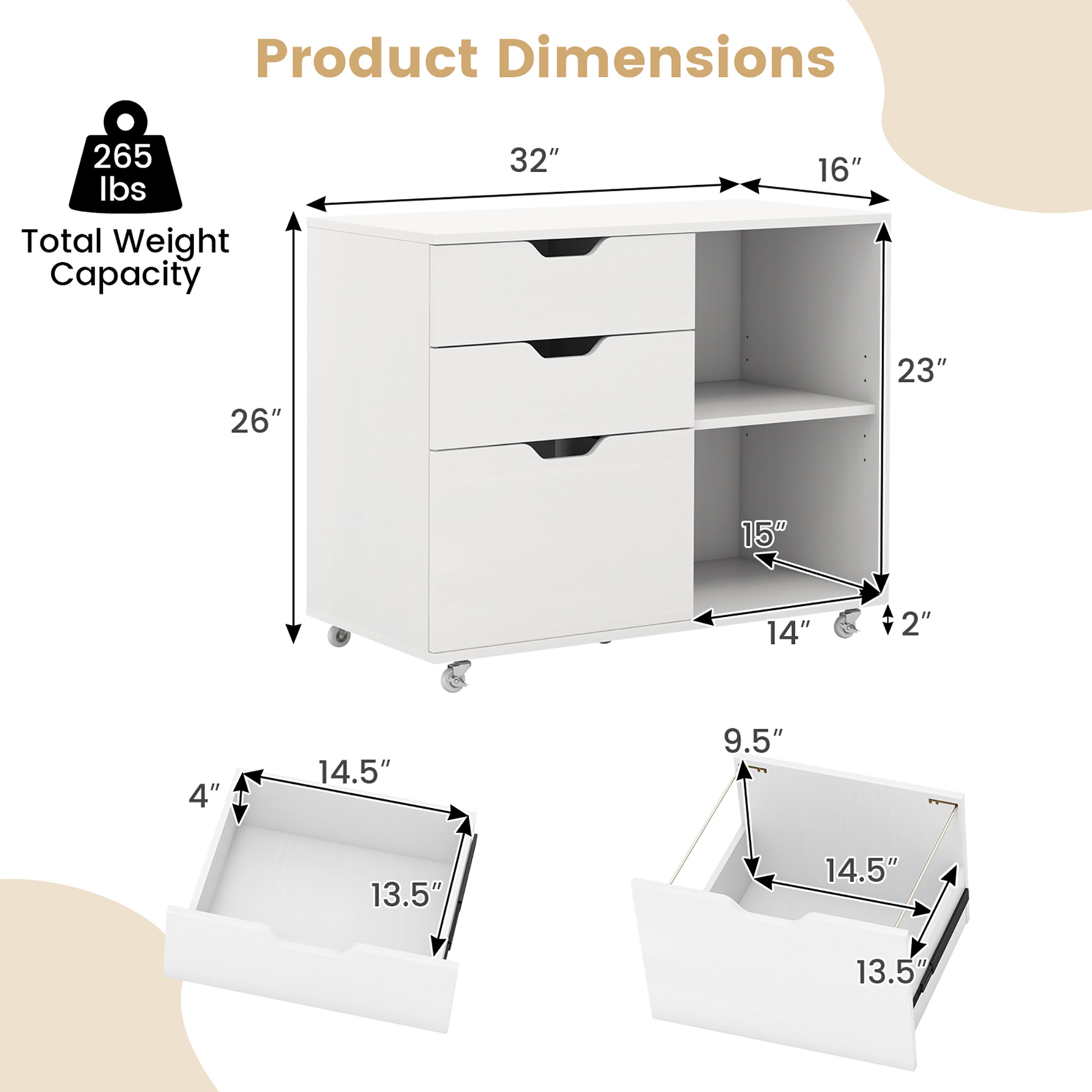 Gymax 3-Drawer Mobile File Cabinet w/ Open Adjustable Storage Shelf for Home Office White