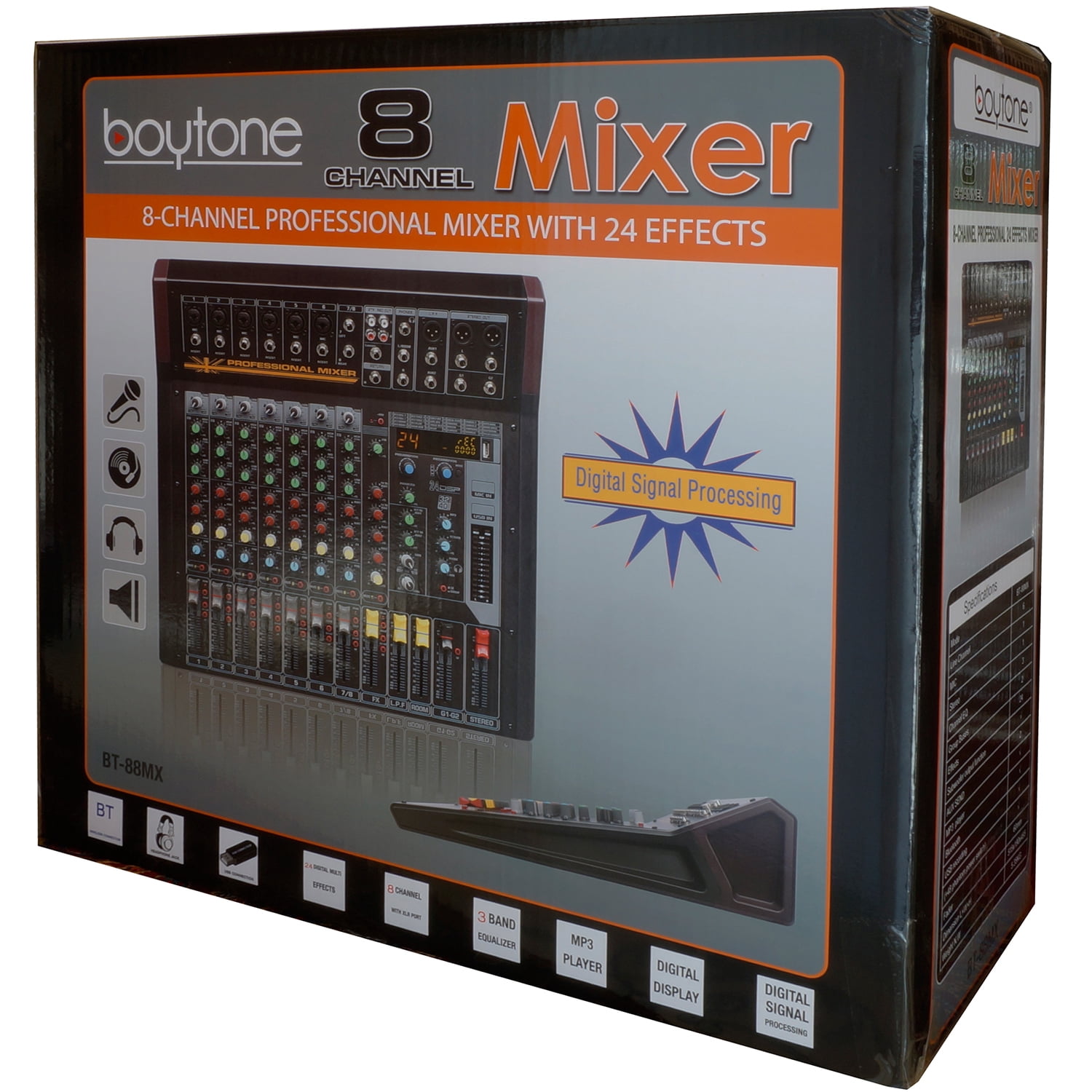 Boytone 8-Channel Bluetooth Studio Audio Mixer - DJ Sound Controller Interface with USB Port, AUX Jack, 4 XLR Microphone Jack, 48V Power, 16 DSP Effect, Input/output for Professional user