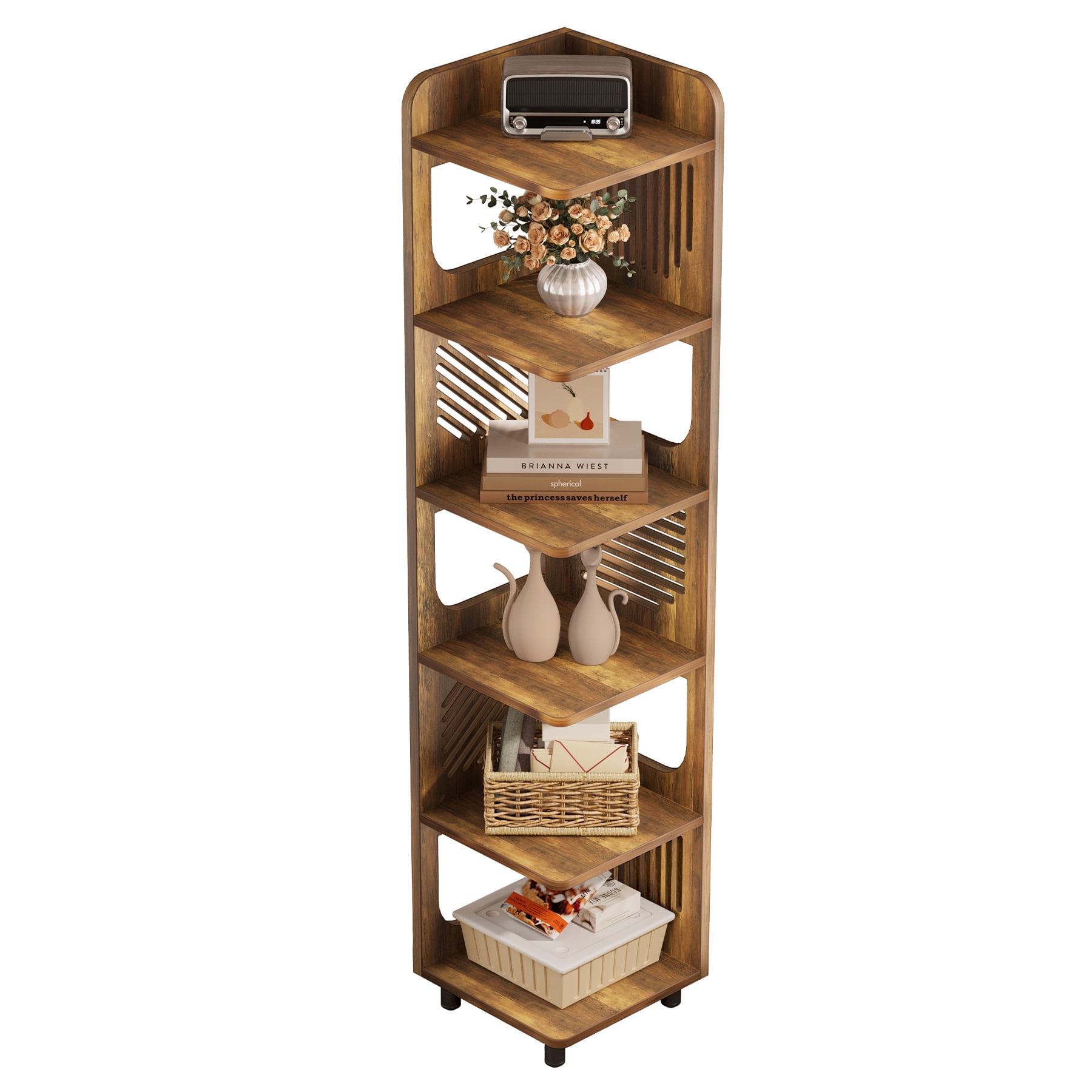 Fnova 71" 6-Tier Tall Corner Bookshelf, Rustic Wooden Narrow Corner Bookcase with Artistic Square Rack, Freestanding Display Storage Shelf for Space-Saving Home Organizing