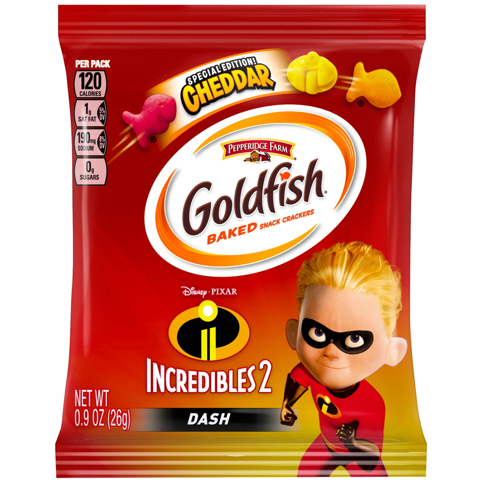 Pepperidge Farm Goldfish Special Edition Disney∙Pixar Incredibles 2 Cheddar Crackers, 10.8 oz. Multi-pack Tray, 12-count 0.9 oz. Single-Serve Snack Packs
