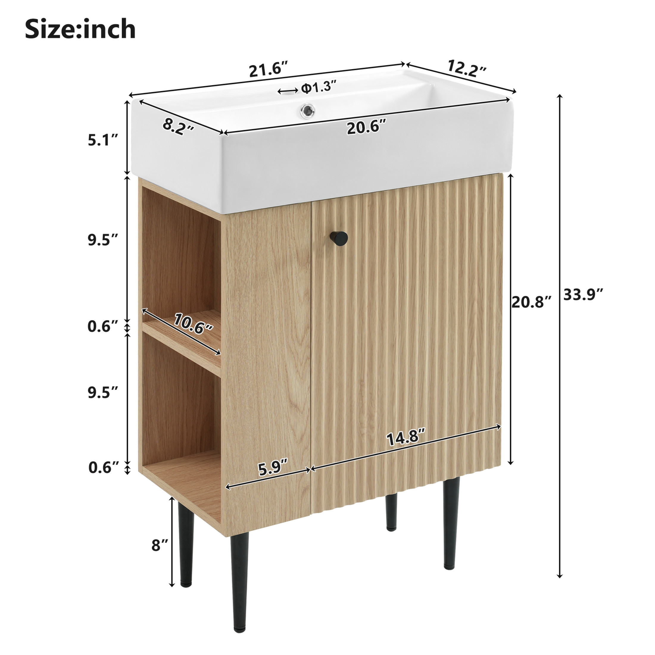 Noble House 21.6" Bathroom Vanity with Ceramic Sink, Left Side Storage Cabinet & Black Metal Legs, Wood