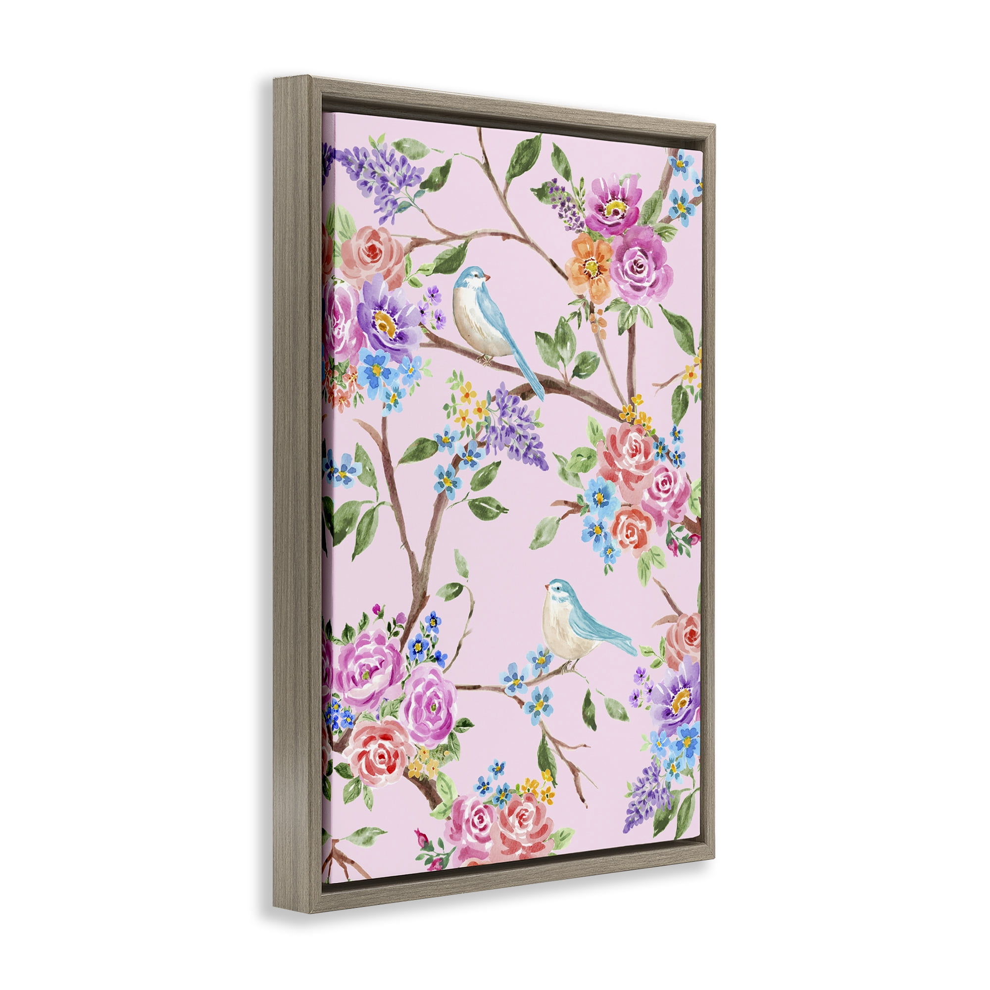 Stupell Industries Pink & Blue Spring Florals Brown Framed Floater Canvas Wall Art, design by Corinne Haig