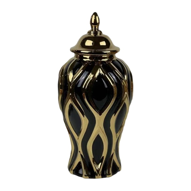Jarrón de cerámica para jengibre, jarrón de cerámica para jengibre con tapa, delicado y multiusos. M Negro y Oro