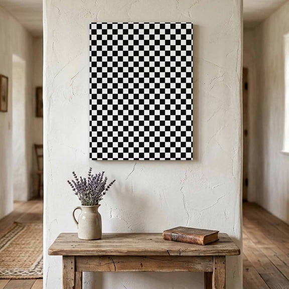 Ships Next Day Canvas Wall Art 16"x24", Black White Plaid Wood Framed Canvas Print Painting, Modern Buffalo Check Gingham Art Ready to Hang Picture Wall Decor for Home Bedroom Living Room Dining