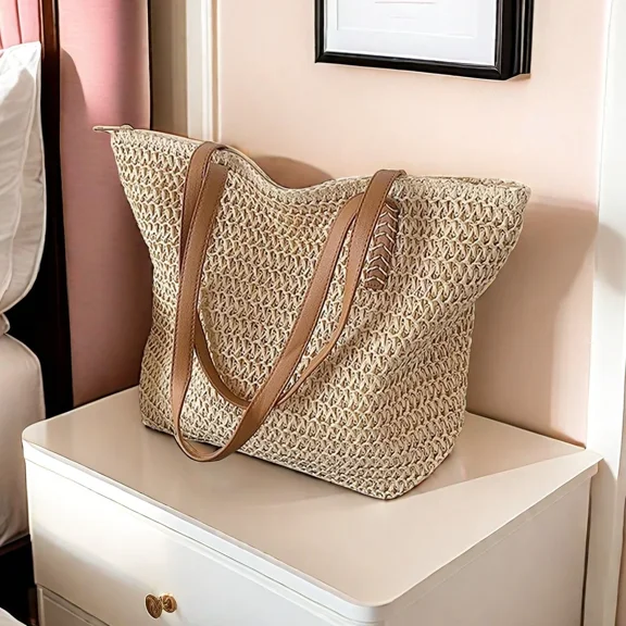 Casual French style large capacity woven forest handbag summer beach straw bag one shoulder underarm tote bag Beige