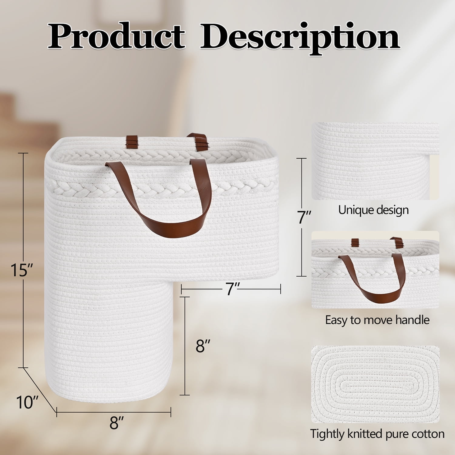 Natubeau Woven Storage Baskets, White Large Storage Basket with Handles for Wooden Stairs, Staircase Baskets for Organizing, 15"L x 10"W x 15"H