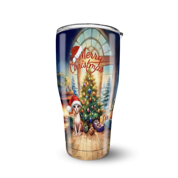 Merry Christmas Sphynx Santa Hat Xmas Tree Winter Holiday 30oz Stainless Steel Tumbler Insulated Cup with Lid Cat Lover Kitten Owner Gifts Idea - 01013