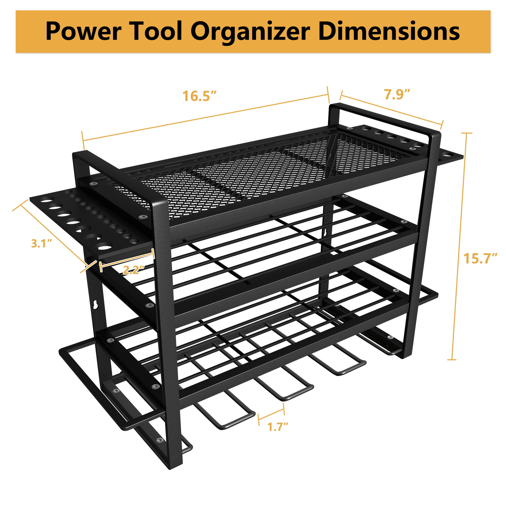 YHGJ Wall Mount Power Tool Organizer 4 Drill Holder, 4 Layer Heavy Duty Metal Power Tool Storage Rack Garage Tool Organizer Utility Tool Shelves with Screwdriver/Plier/Hammer Holder
