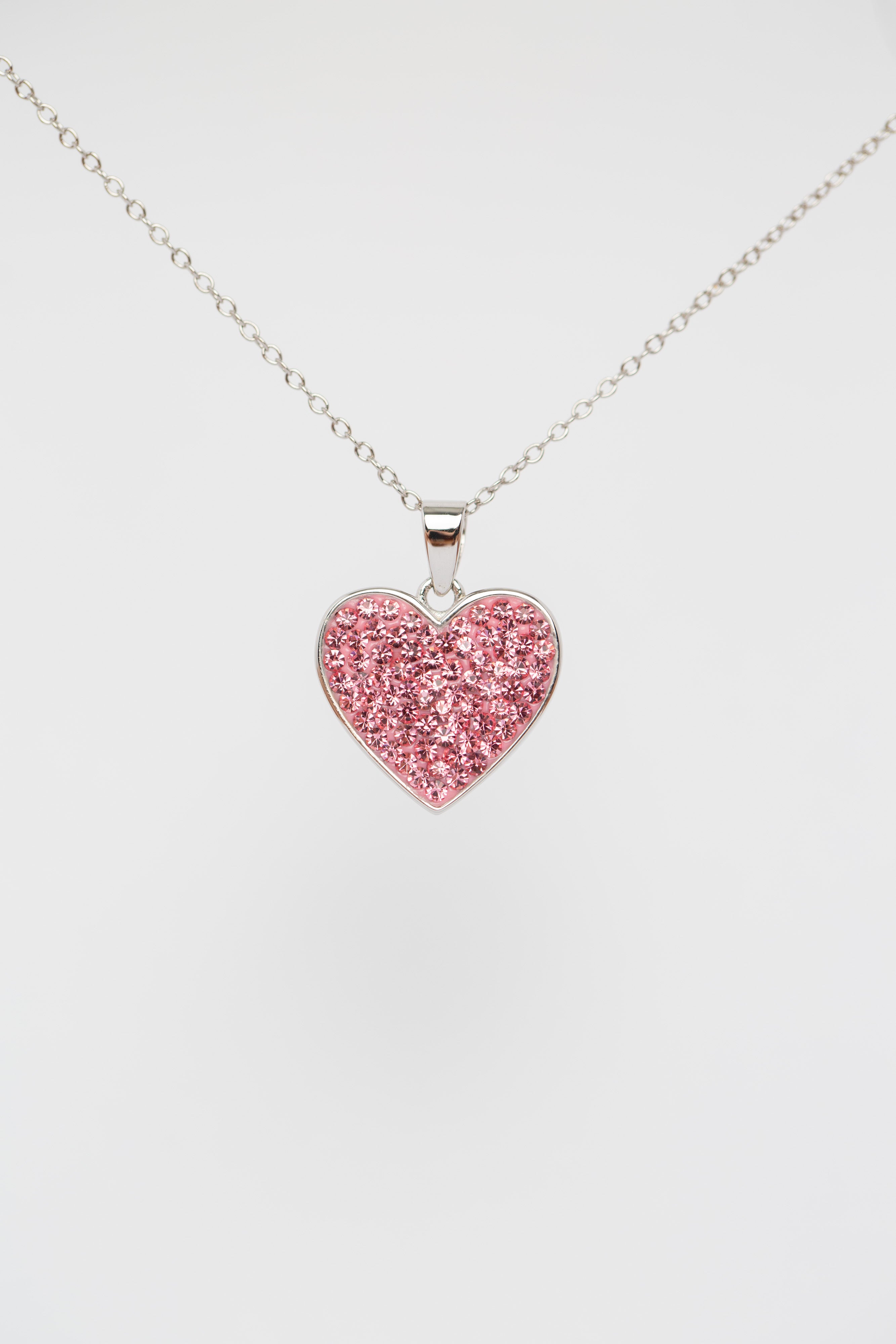 Rose Pink Heart Crystal Sterling Silver Necklace