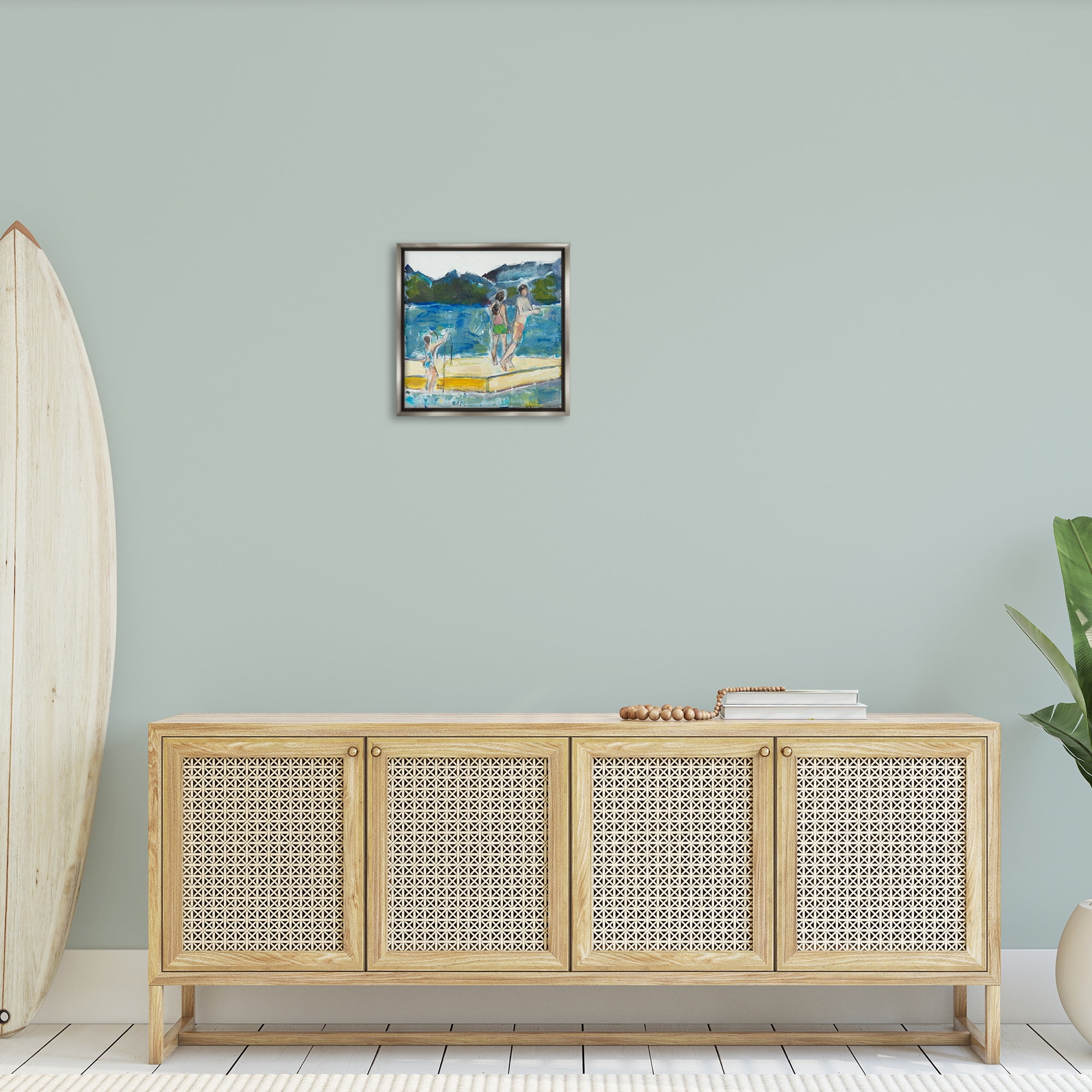 Stupell Industries Kids on Swimming Dock Abstract Sports Painting Gray Floater Framed Canvas Art Print Wall Art, 18 x 18