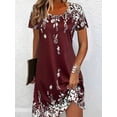 thumbnail image 4 of Burgundy Floral Print Short Sleeve Relaxed Fit Midi Dress For Women, Lightweight Casual Vacation Style, 4 of 6