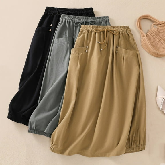 Brondbend Women's Skirts Midi Skirt Solid Color Tie Button Pocket Mid-Calf Skirt Trendy Skirts Lightweight Skirt Street Festival Gift Black Skirt for Women Size-L