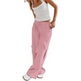thumbnail image 2 of Pink Womens Cargo Pants Womens Daily Elastic Waist Pockets Straight Solid Color Casual Pants Loose Pockets Cargo Long Trousers, 2 of 6