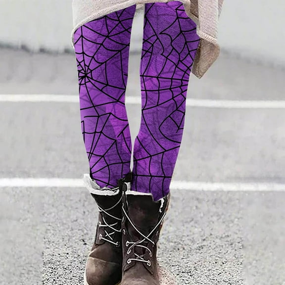 DDAPJ pyju Halloween Party Leggings for Women Spider Web Printed High Waist Stretch Yoga Running Pants Novelty Holiday Tights Buttery Soft Casual Milk Silk Legging Purple XXL