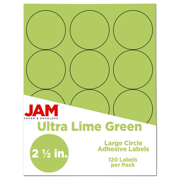 Jam Paper Sellos Adhesivos Para Etiquetas Circulares, 2,5 Pulgadas De Diámetro, Verde Lima Ultra, 120 Etiquetas Redondas Por Paquete