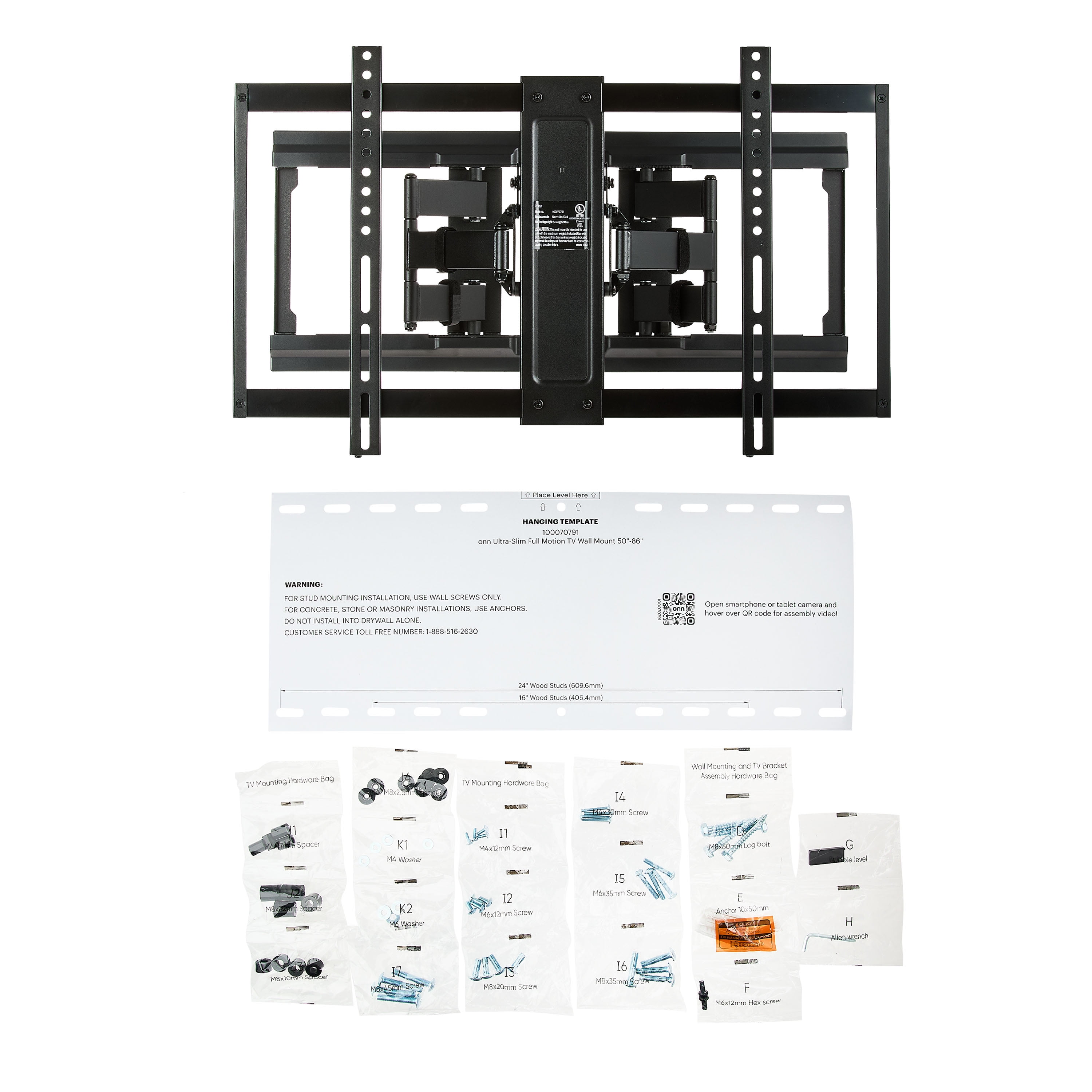 onn Ultra-slim Full Motion TV Wall Mount for 50" to 86" TVs, UL Listed, swivel ±45°, up to +5°/-20° Tilting