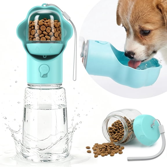 Hutact Dog Water Bottle with Food Container, 18.6oz Pet Dispenser Cup, Detachable Food Storage, Portable Leak Proof Lock Dog Water Bottle for Outdoor Daily Walking Camping Hiking Travel, Blue