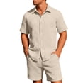 thumbnail image 2 of LEKWK 2 Piece Set for Men Loose Fit Solid Textured Beach Vacation Summer Outfits Button Down Short Sleeve Collared Tops and Elastic Waist Shorts, 2 of 5