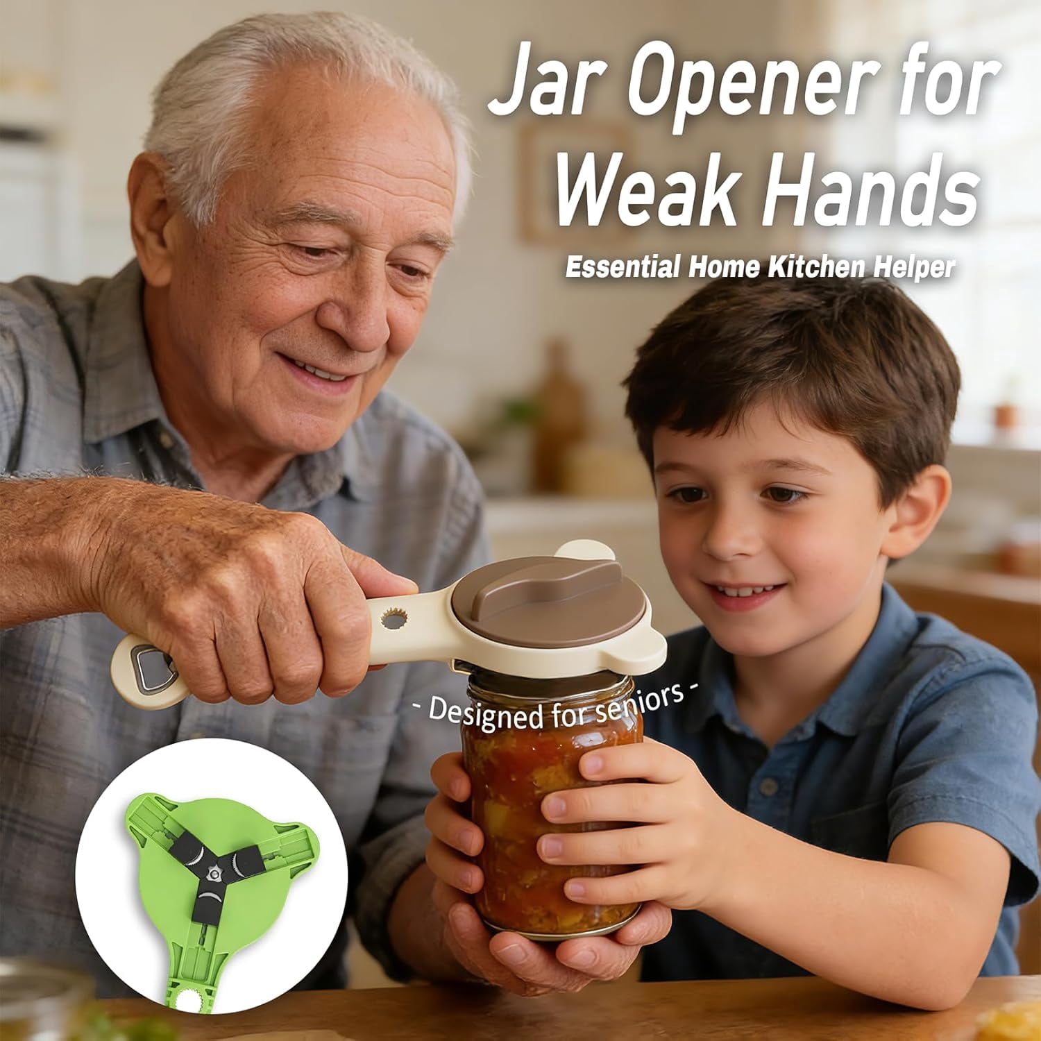 4-in-1 Adjustable Jar Opener | Non-Slip Grip Cap Opener for Seniors and Weak Hands, Multi-Purpose Lid Tool for Jars, Cans, and Wine Bottles