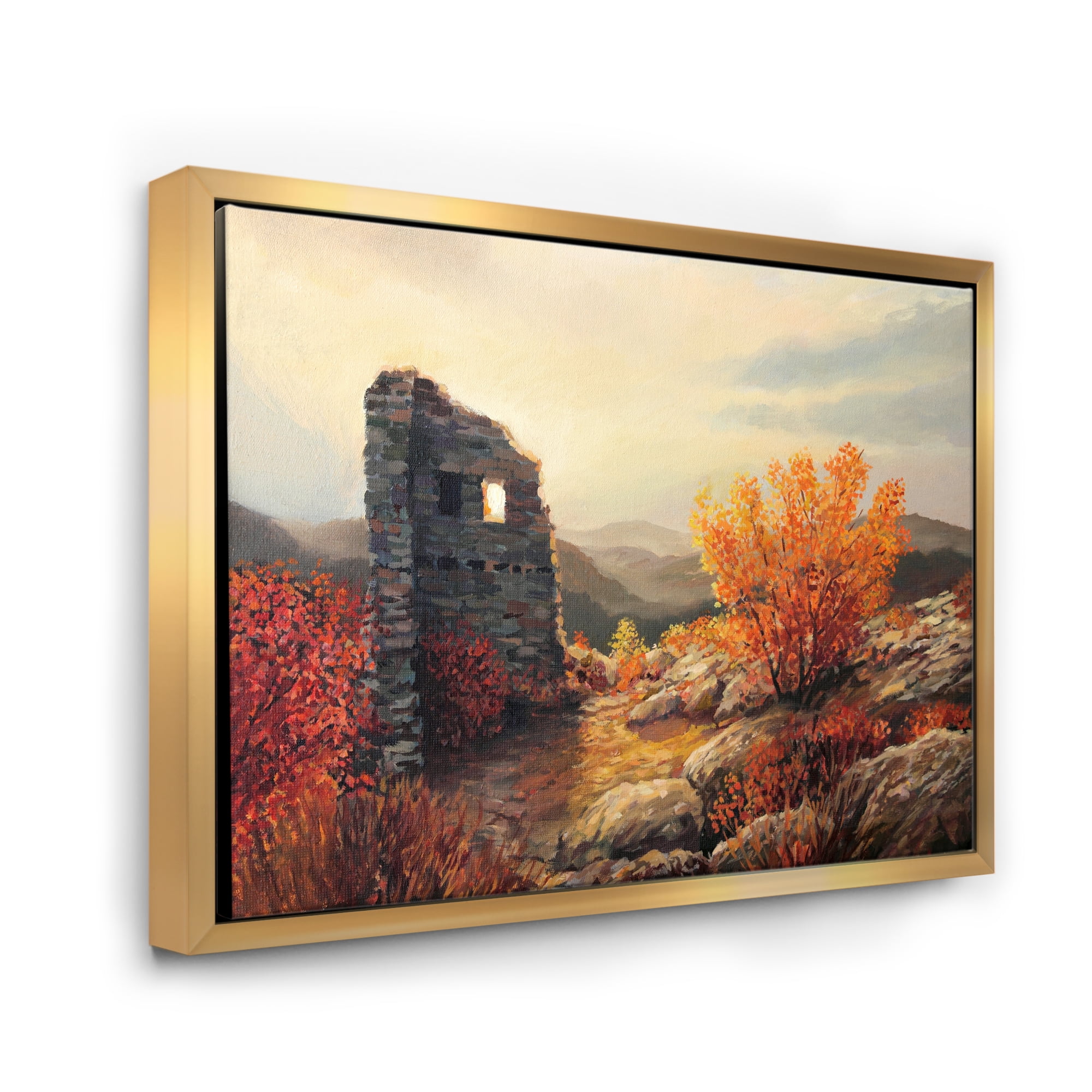 Sunset Over Old Fortress Ruins 32 in x 16 in Framed Painting Canvas Art Print, by Designart