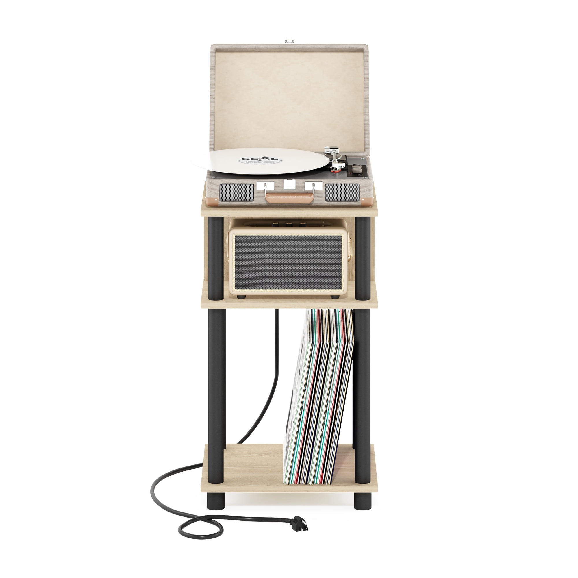 Furinno Just Side Table, 3-Tier End Table with Charging Station, Open Shelf Night Stand, Bedside Table with USB and Type-C Charging Port, for Living Room, Bedroom, Natural Oak