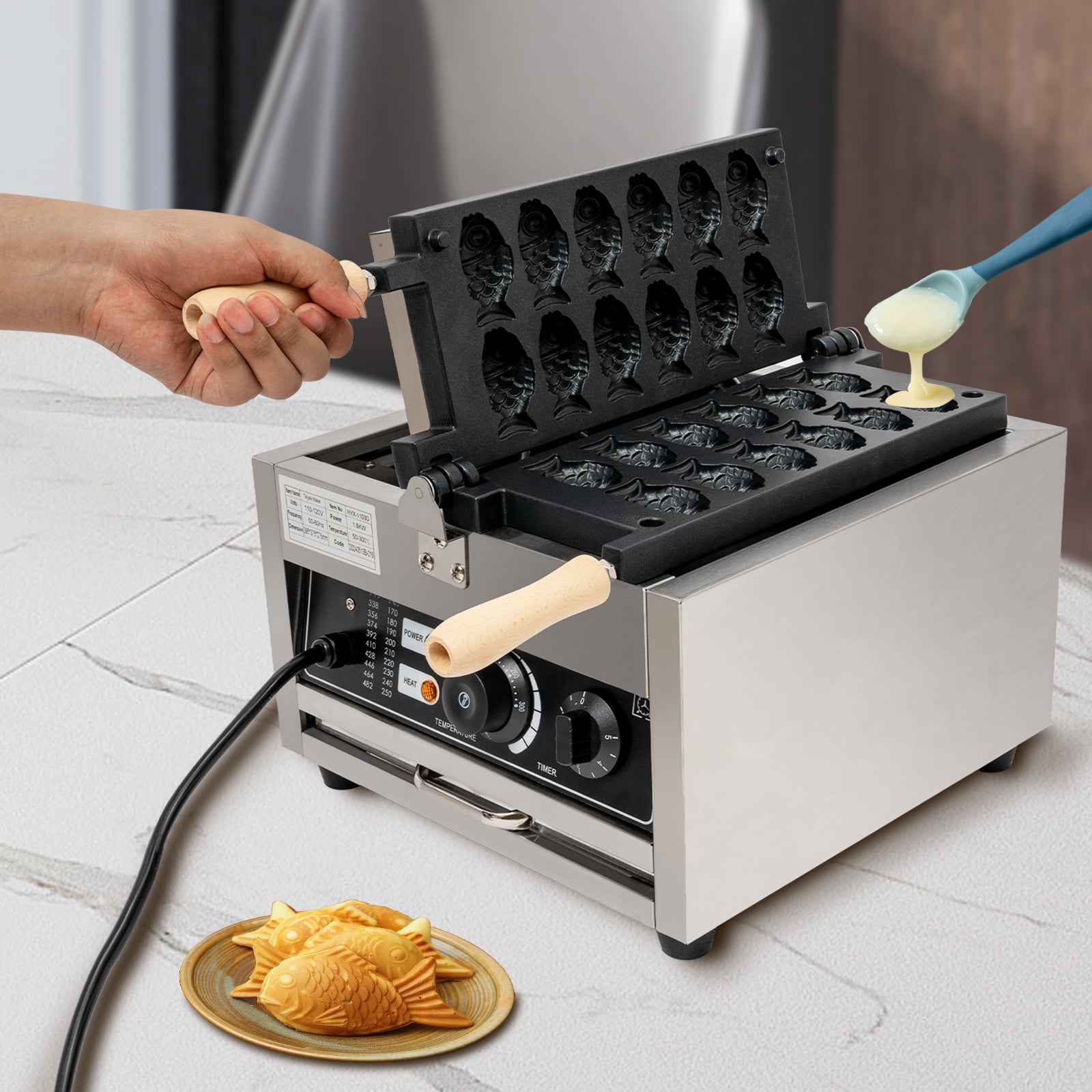 Wildnix Taiyaki Waffle Maker, Fish-Shaped Waffle Iron with Adjustable Temperature (50-300°C), 1.8KW Power, Stainless Steel & Wood Design, Non-Slip Feet and Scrap Tray