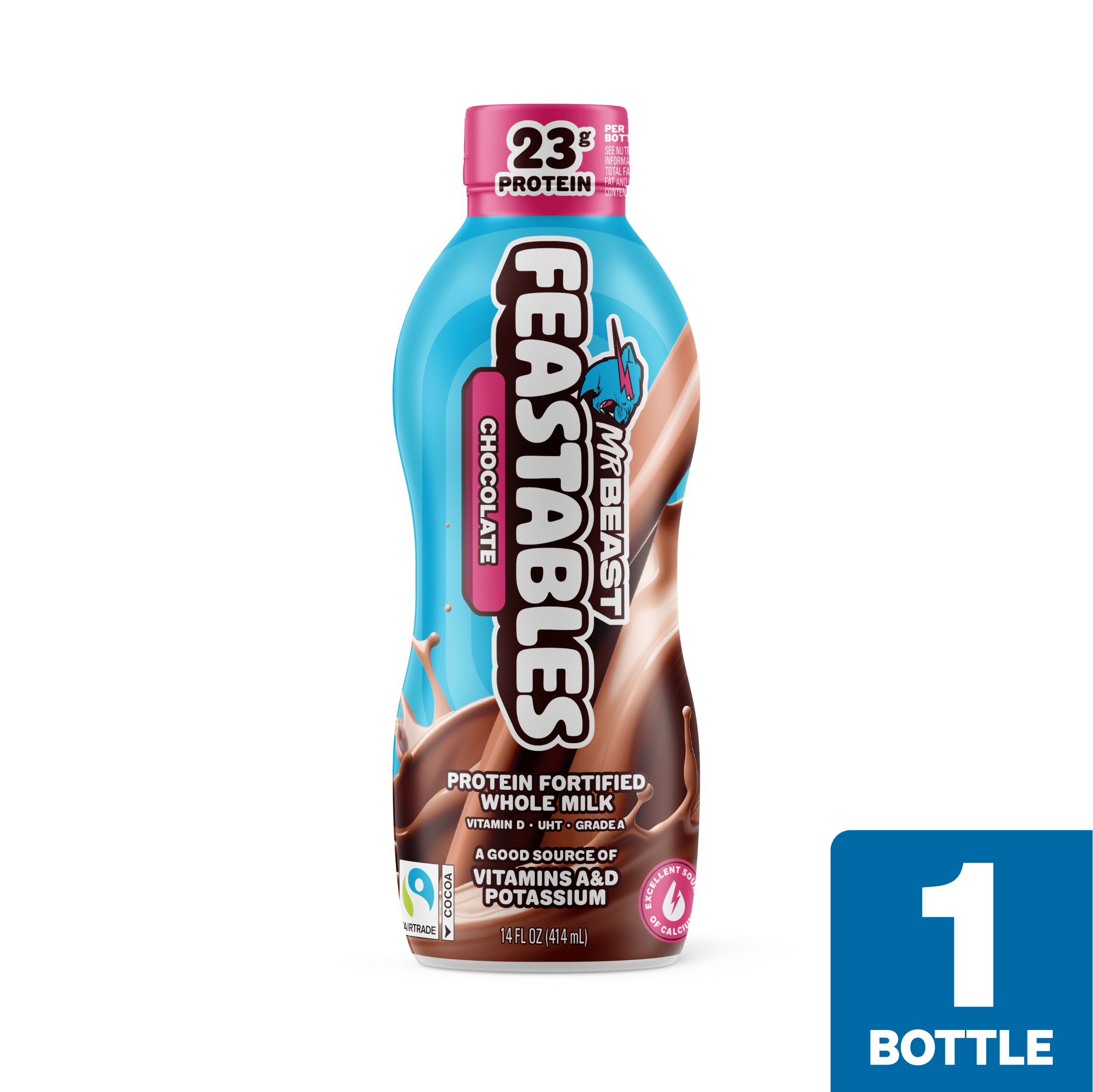 Feastables Protein Fortified Chocolate Milk, Shelf-Stable, 14 fl oz, Single Bottle