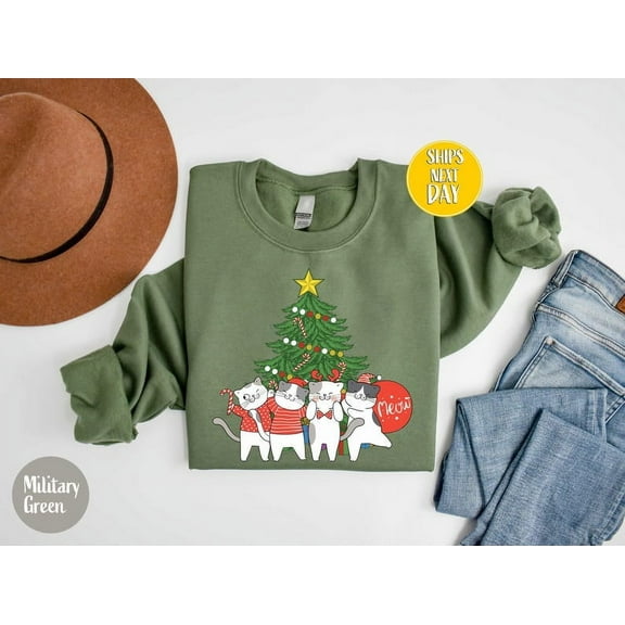 Christmas Cat Squad Sweatshirt, Meow Christmas Shirt, Cat Lover Gift, Cats with Christmas Lights Hoodie