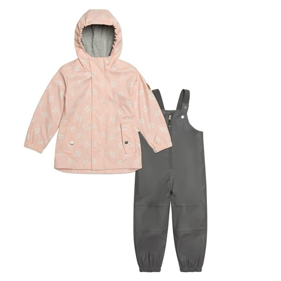 Deux par Deux Printed Two Piece Insulated Spring Rain Set Dusty Blue Mini Flowers & Black Texture Girl Toddler - 3 Years